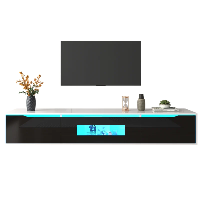 Meuble TV haute brillance noir et blanc avec éclairage LED à couleur changeante portes Push-to-Open 180*30 GOKAINS