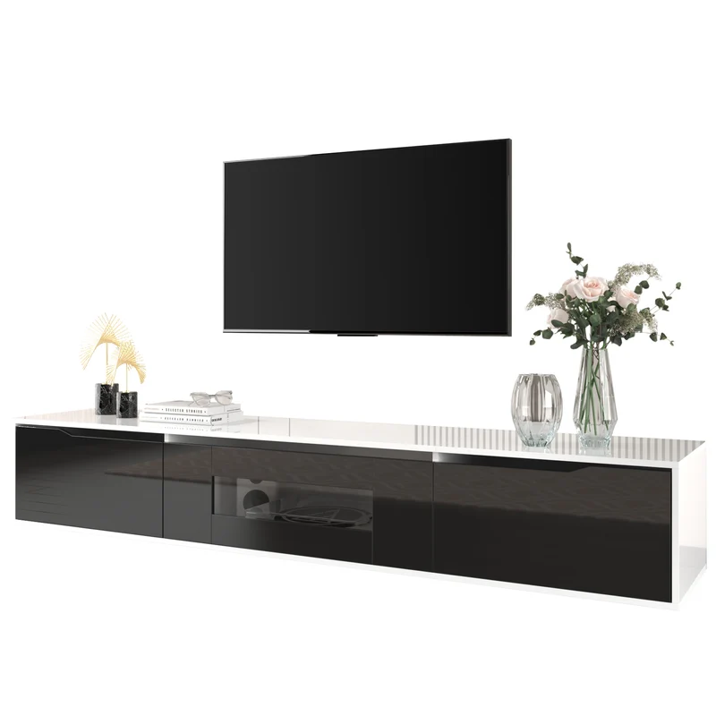 Meuble TV haute brillance noir et blanc avec éclairage LED à couleur changeante portes Push-to-Open 180*30 GOKAINS