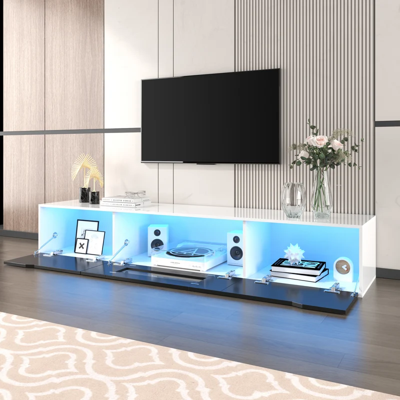 Meuble TV haute brillance noir et blanc avec éclairage LED à couleur changeante portes Push-to-Open 180*30 GOKAINS