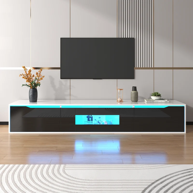 Meuble TV haute brillance noir et blanc avec éclairage LED à couleur changeante portes Push-to-Open 180*30 GOKAINS