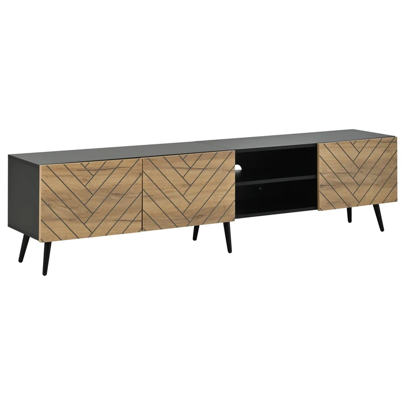 Meuble TV effet bois motif chevron 3 portes à lattes et 2 tiroirs noirs 180x33,5x45 cm FLEX BRASS LINE