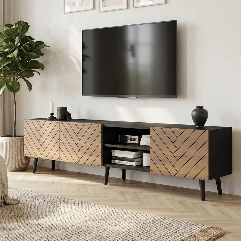 Meuble TV effet bois motif chevron 3 portes à lattes et 2 tiroirs noirs 180x33,5x45 cm FLEX BRASS LINE