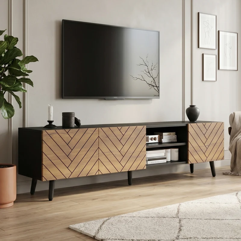 Meuble TV effet bois motif chevron 3 portes à lattes et 2 tiroirs noirs 180x33,5x45 cm FLEX BRASS LINE