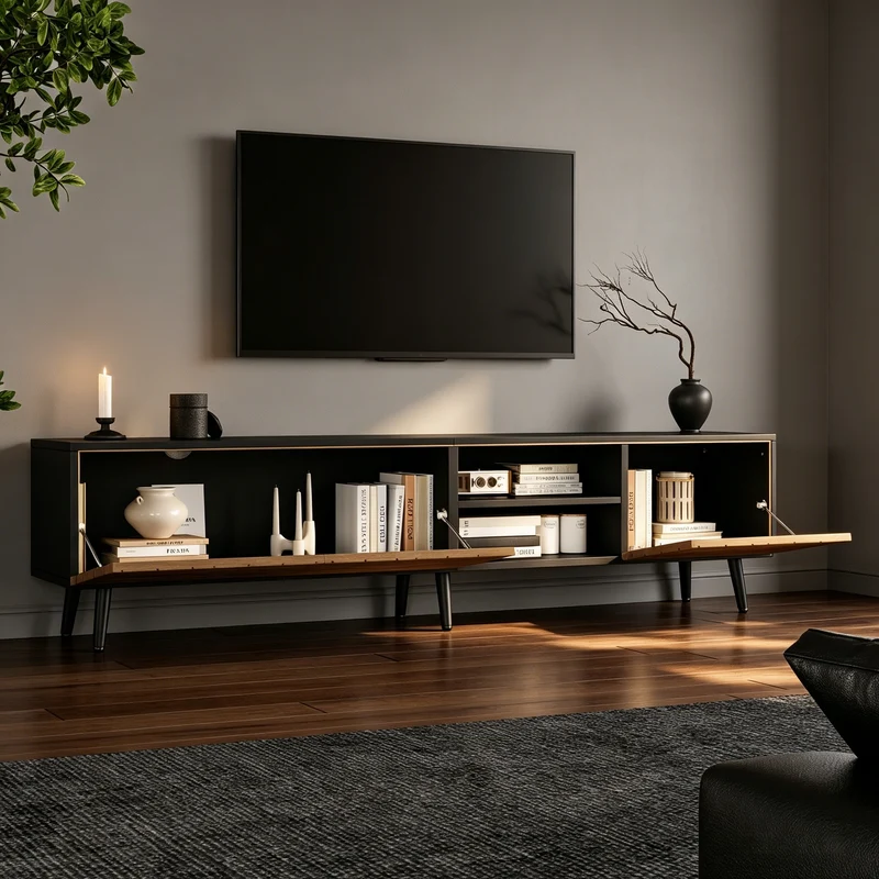 Meuble TV effet bois motif chevron 3 portes à lattes et 2 tiroirs noirs 180x33,5x45 cm FLEX BRASS LINE