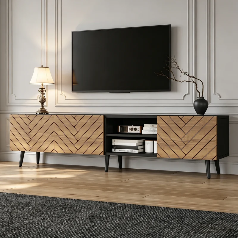 Meuble TV effet bois motif chevron 3 portes à lattes et 2 tiroirs noirs 180x33,5x45 cm FLEX BRASS LINE