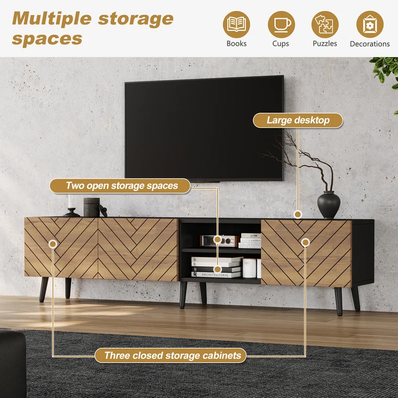 Meuble TV effet bois motif chevron 3 portes à lattes et 2 tiroirs noirs 180x33,5x45 cm FLEX BRASS LINE