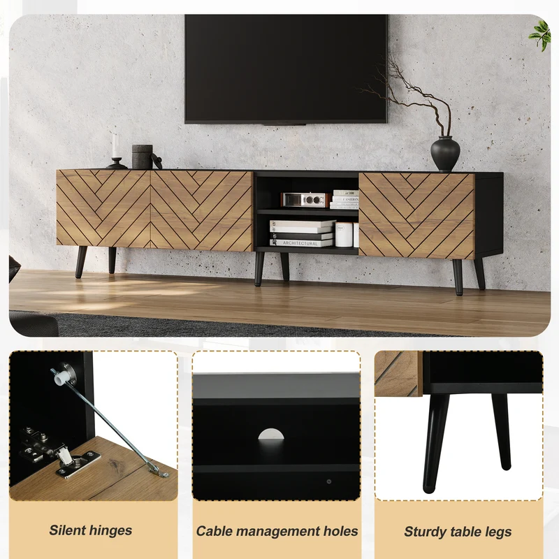 Meuble TV effet bois motif chevron 3 portes à lattes et 2 tiroirs noirs 180x33,5x45 cm FLEX BRASS LINE