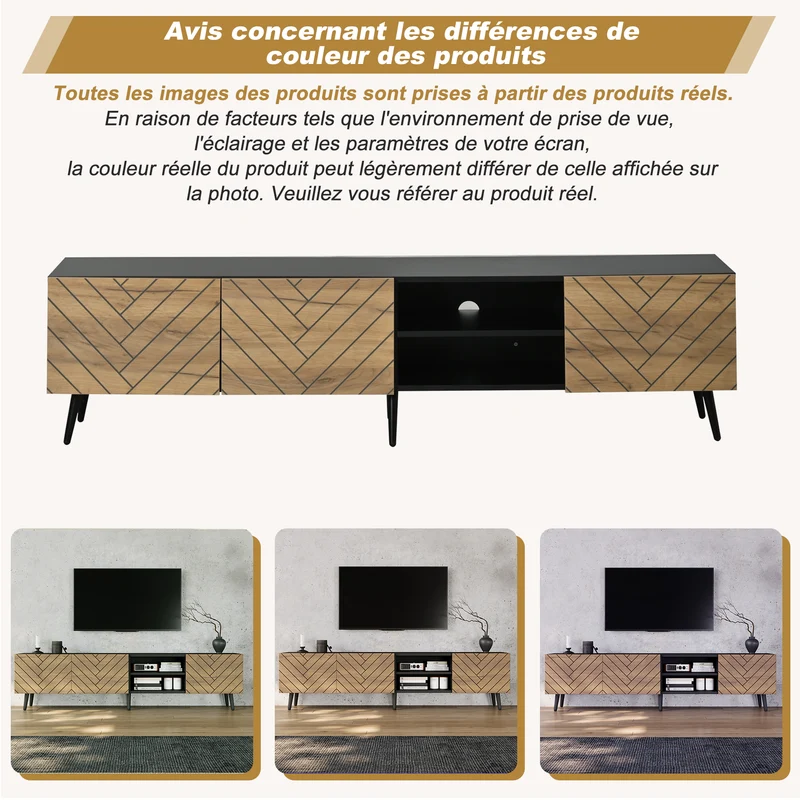 Meuble TV effet bois motif chevron 3 portes à lattes et 2 tiroirs noirs 180x33,5x45 cm FLEX BRASS LINE