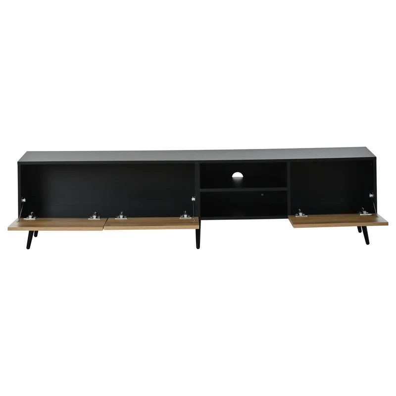 Meuble TV effet bois motif chevron 3 portes à lattes et 2 tiroirs noirs 180x33,5x45 cm FLEX BRASS LINE