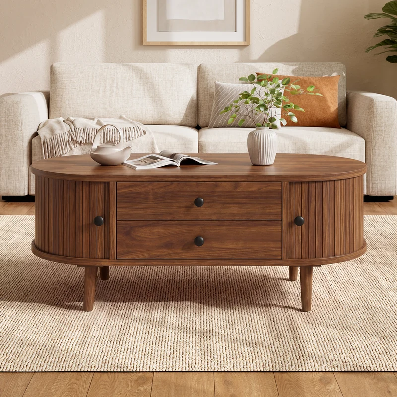 Table basse ovale effet noyer style rétro 2 tiroirs, portes coulissantes rainurées FABRIC ARMOIRE