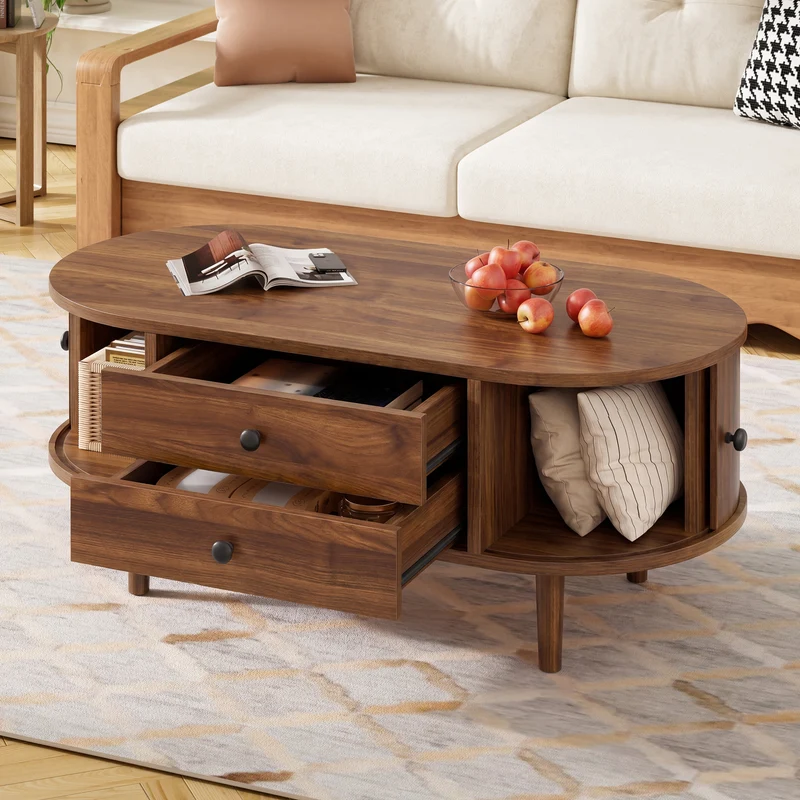 Table basse ovale effet noyer style rétro 2 tiroirs, portes coulissantes rainurées FABRIC ARMOIRE