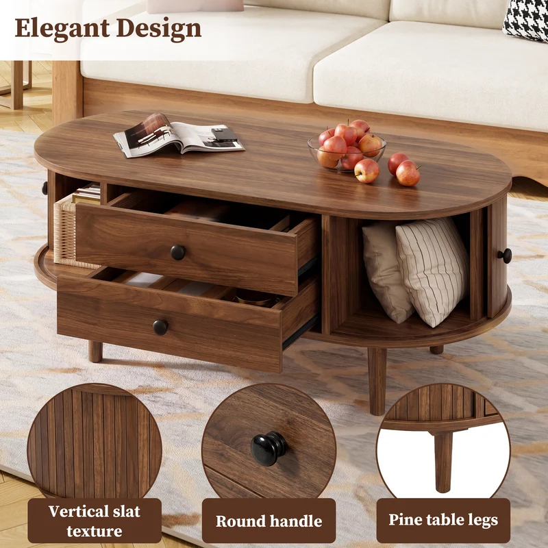 Table basse ovale effet noyer style rétro 2 tiroirs, portes coulissantes rainurées FABRIC ARMOIRE