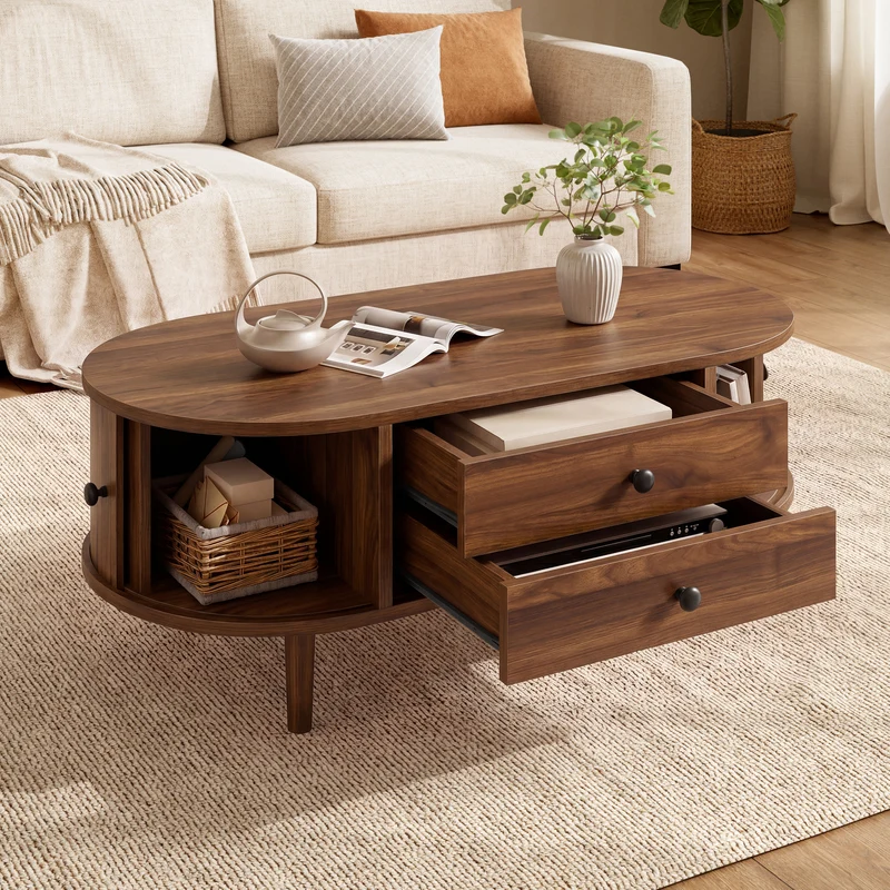Table basse ovale effet noyer style rétro 2 tiroirs, portes coulissantes rainurées FABRIC ARMOIRE