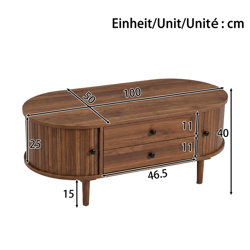 Table basse ovale effet noyer style rétro 2 tiroirs, portes coulissantes rainurées FABRIC ARMOIRE