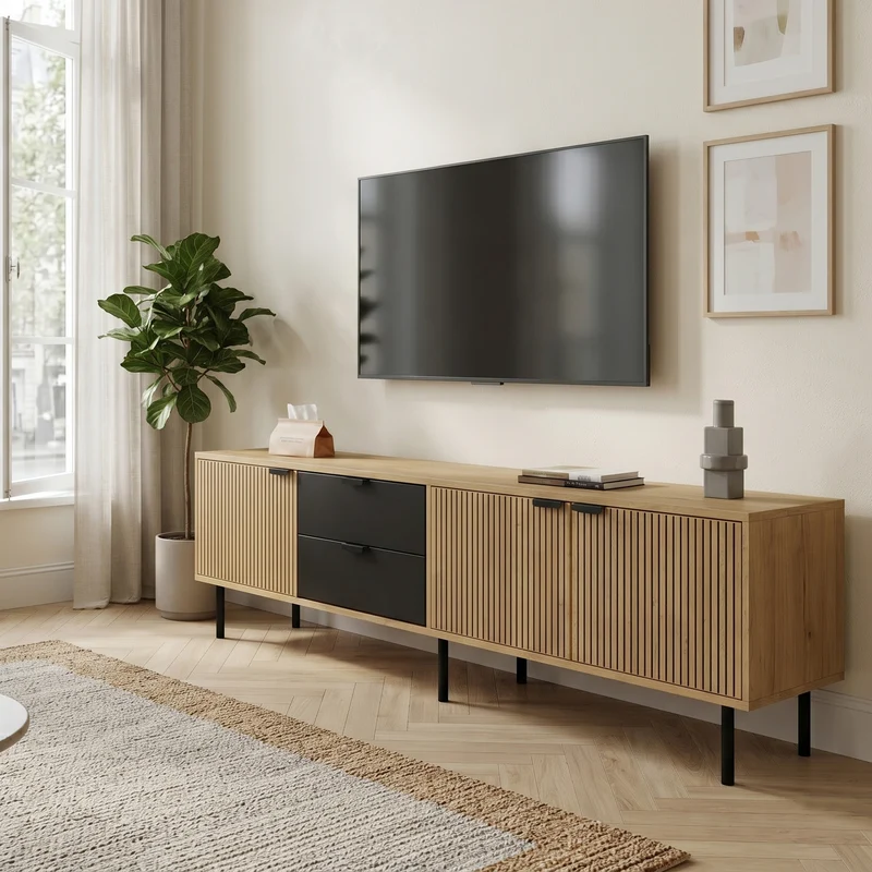 Meuble TV effet bois et 3 portes à lattes et 2 tiroirs noirs 208x40x48cm FABRIC TRUNK