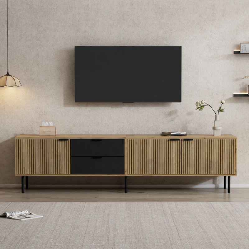 Meuble TV effet bois et 3 portes à lattes et 2 tiroirs noirs 208x40x48cm FABRIC TRUNK