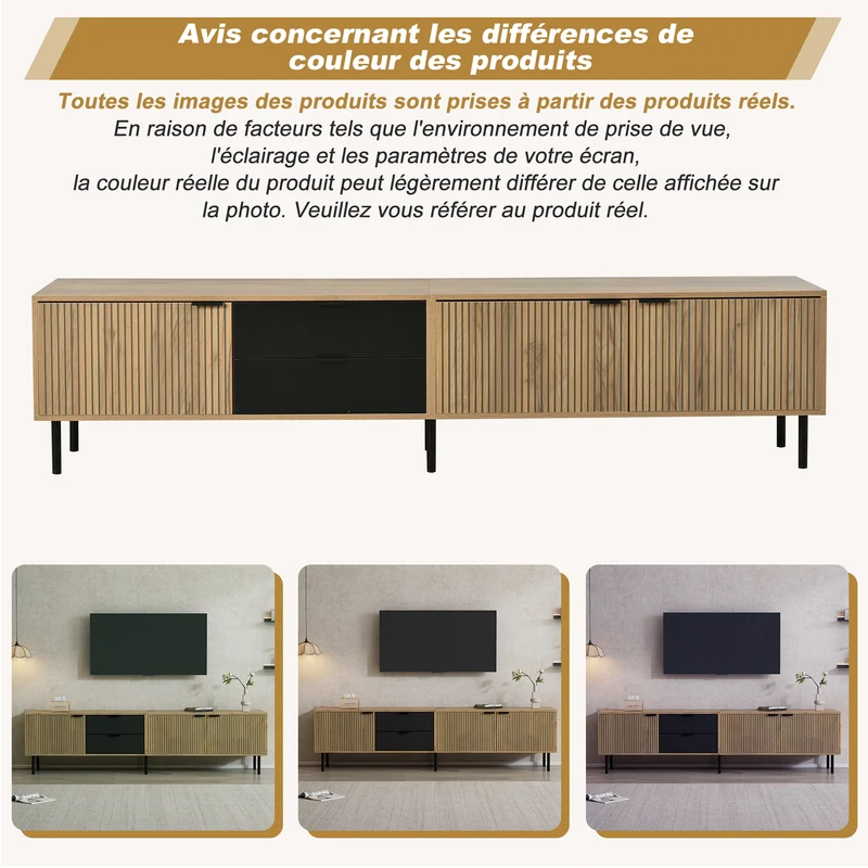 Meuble TV effet bois et 3 portes à lattes et 2 tiroirs noirs 208x40x48cm FABRIC TRUNK