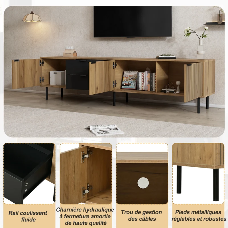 Meuble TV effet bois et 3 portes à lattes et 2 tiroirs noirs 208x40x48cm FABRIC TRUNK