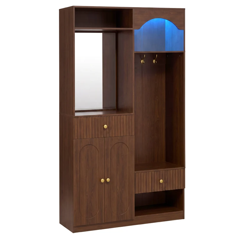 Vestiaires à l'entrée effet noyer avec miroir et éclairage LED accent doré ELEGANT WALL SET