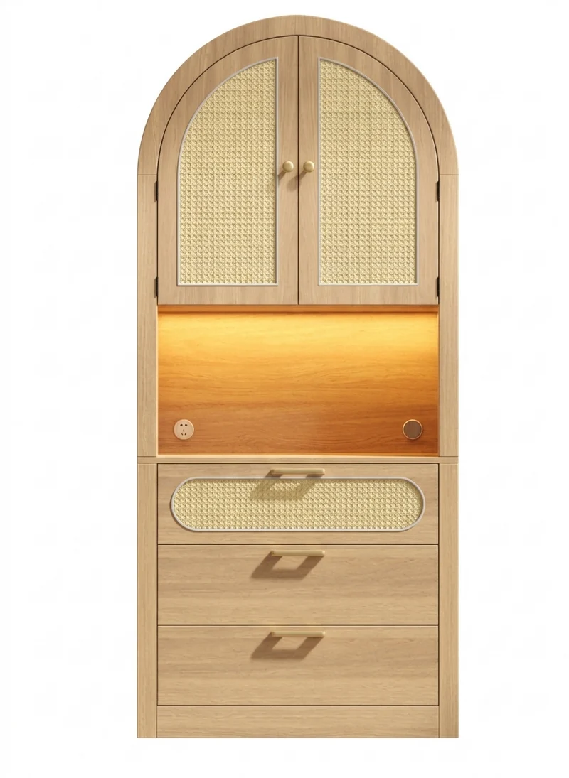 Armoire effet chêne clair portes en rotin avec LED réglable, 3 tiroirs style boho 80x35x180 cm CHESTLIVING