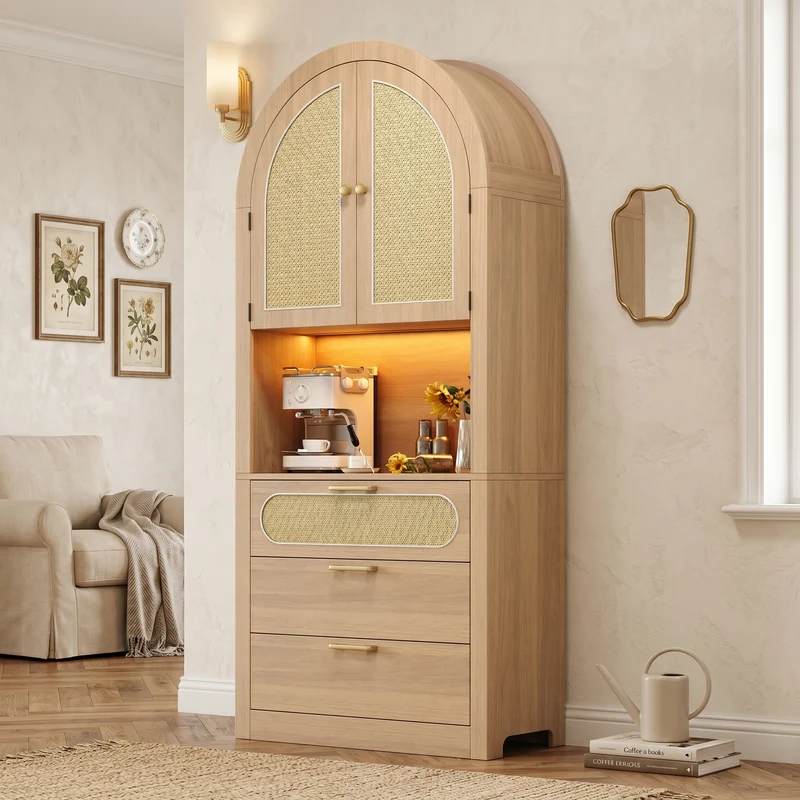 Armoire effet chêne clair portes en rotin avec LED réglable, 3 tiroirs style boho 80x35x180 cm CHESTLIVING