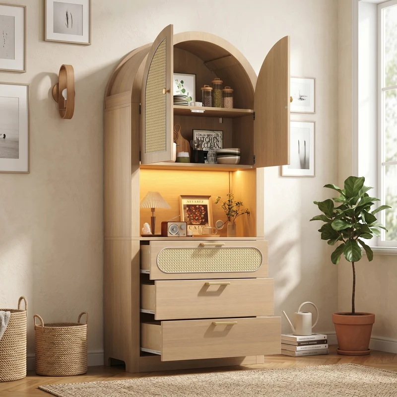 Armoire effet chêne clair portes en rotin avec LED réglable, 3 tiroirs style boho 80x35x180 cm CHESTLIVING