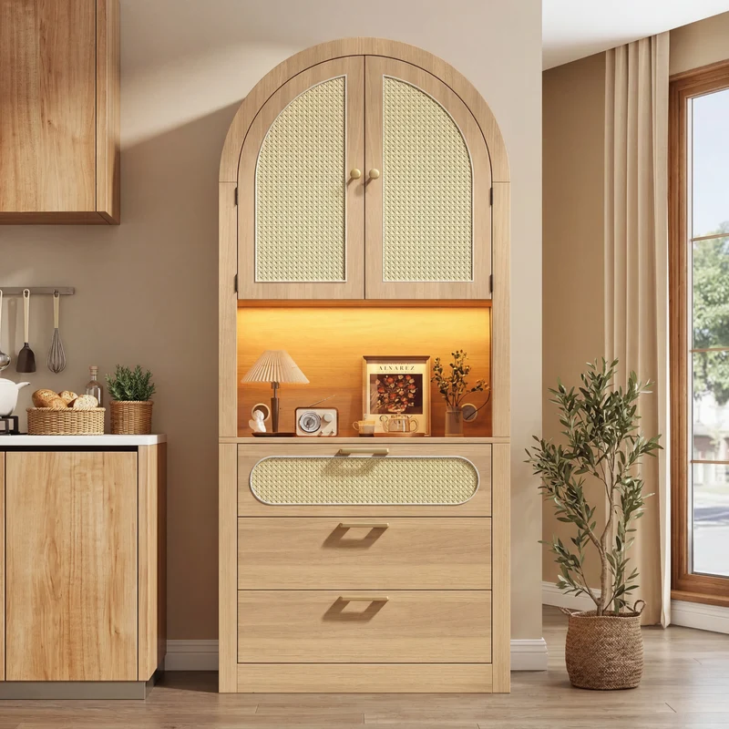 Armoire effet chêne clair portes en rotin avec LED réglable, 3 tiroirs style boho 80x35x180 cm CHESTLIVING