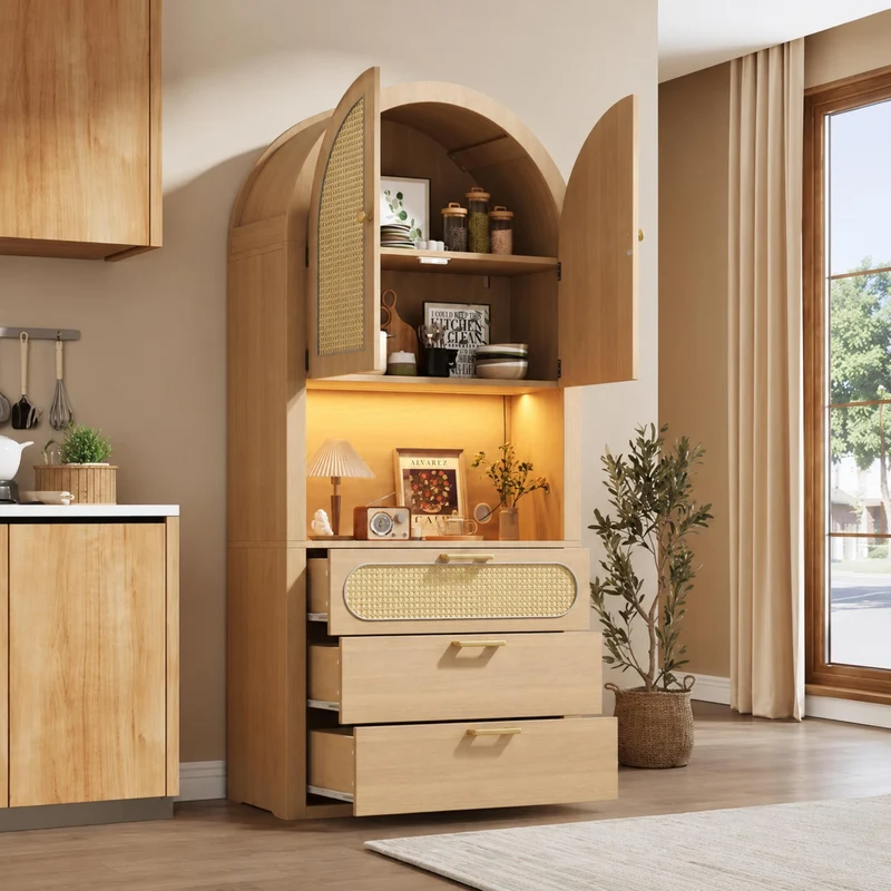 Armoire effet chêne clair portes en rotin avec LED réglable, 3 tiroirs style boho 80x35x180 cm CHESTLIVING