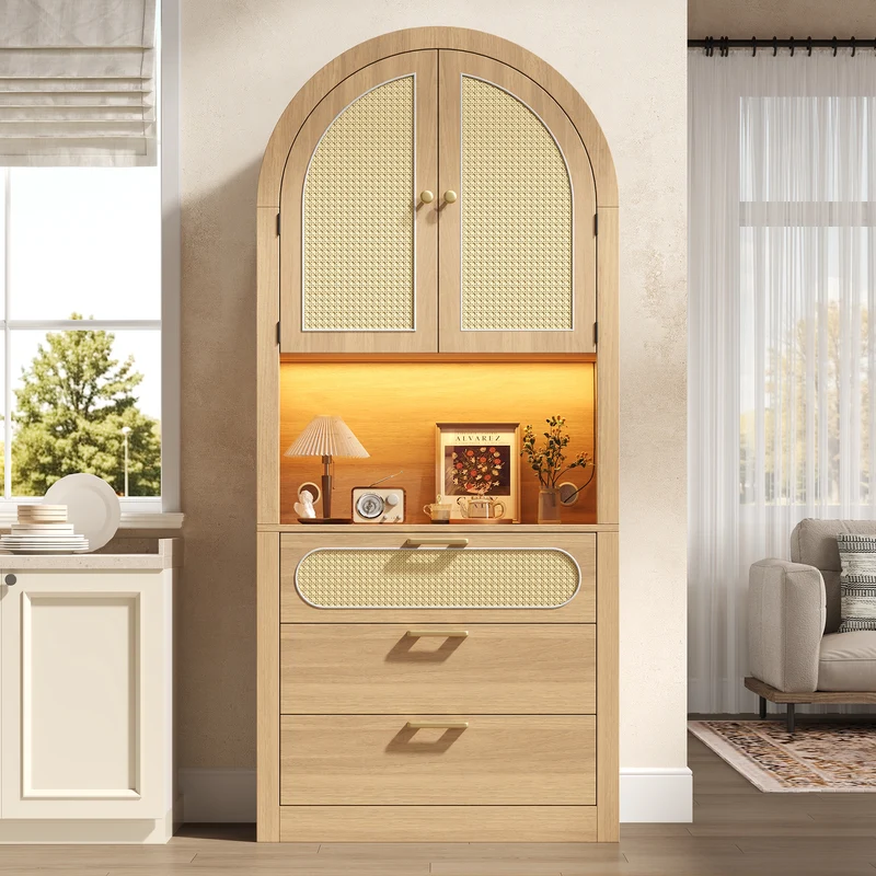 Armoire effet chêne clair portes en rotin avec LED réglable, 3 tiroirs style boho 80x35x180 cm CHESTLIVING