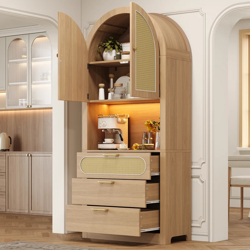 Armoire effet chêne clair portes en rotin avec LED réglable, 3 tiroirs style boho 80x35x180 cm CHESTLIVING