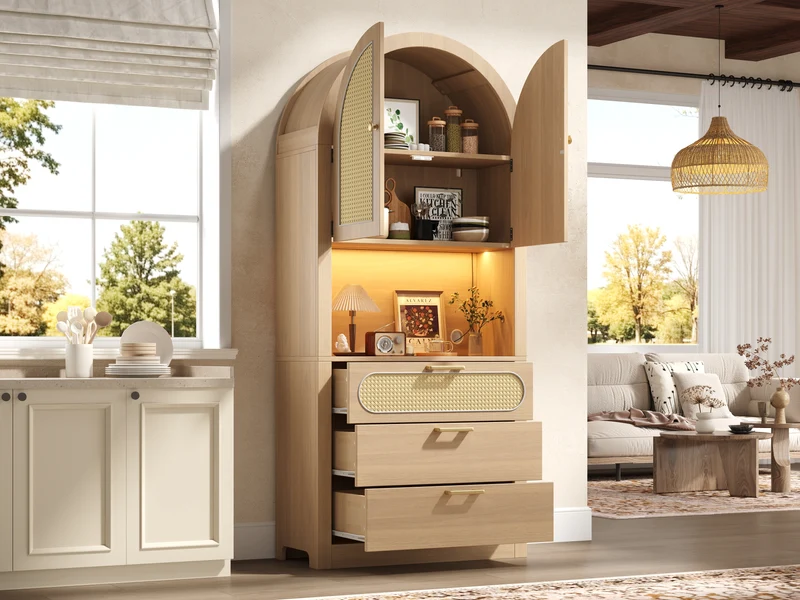 Armoire effet chêne clair portes en rotin avec LED réglable, 3 tiroirs style boho 80x35x180 cm CHESTLIVING