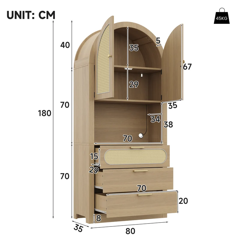 Armoire effet chêne clair portes en rotin avec LED réglable, 3 tiroirs style boho 80x35x180 cm CHESTLIVING