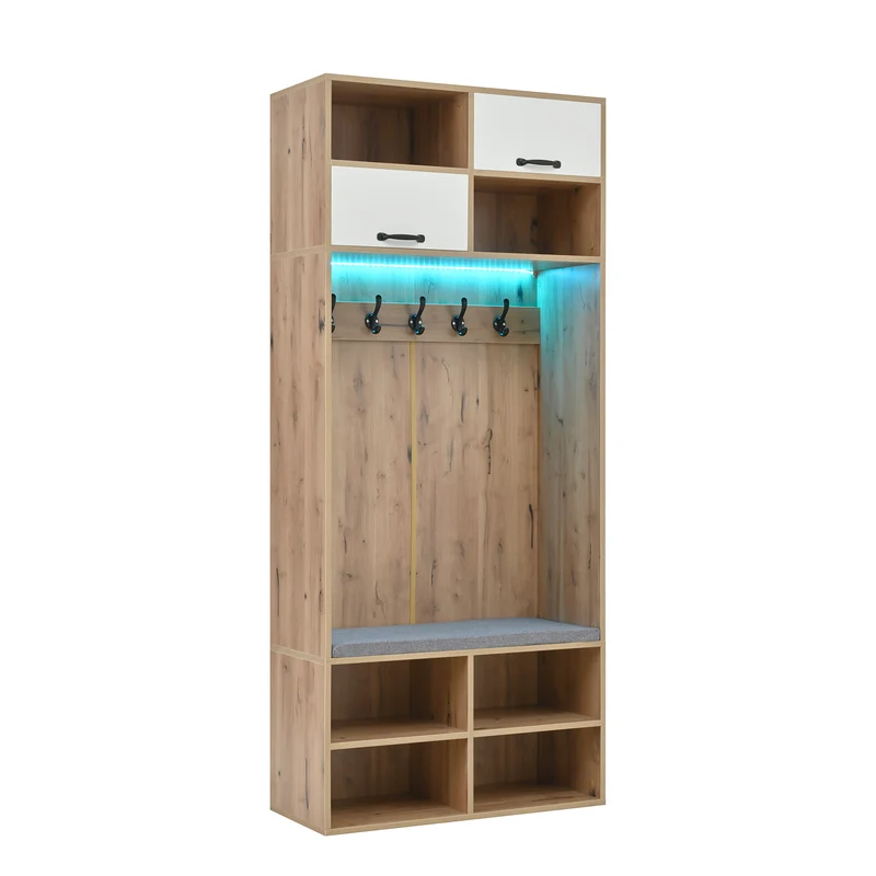 Vestiaire à l'entrée effet bois avec banc 5 crochets, 2 portes, 6 niches et LED 80x185x35cm CLARITYVEXX