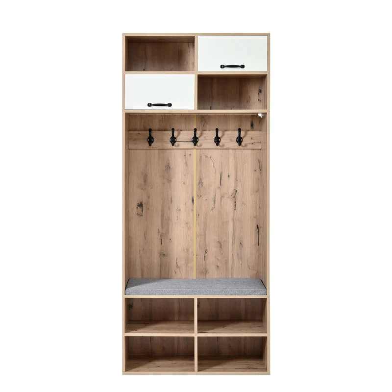 Vestiaire à l'entrée effet bois avec banc 5 crochets, 2 portes, 6 niches et LED 80x185x35cm CLARITYVEXX
