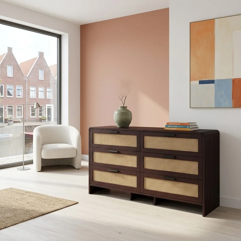 Buffet effet bois marron 6 tiroirs en rotin 130x40x74cm MOMENTUMCLARITYY
