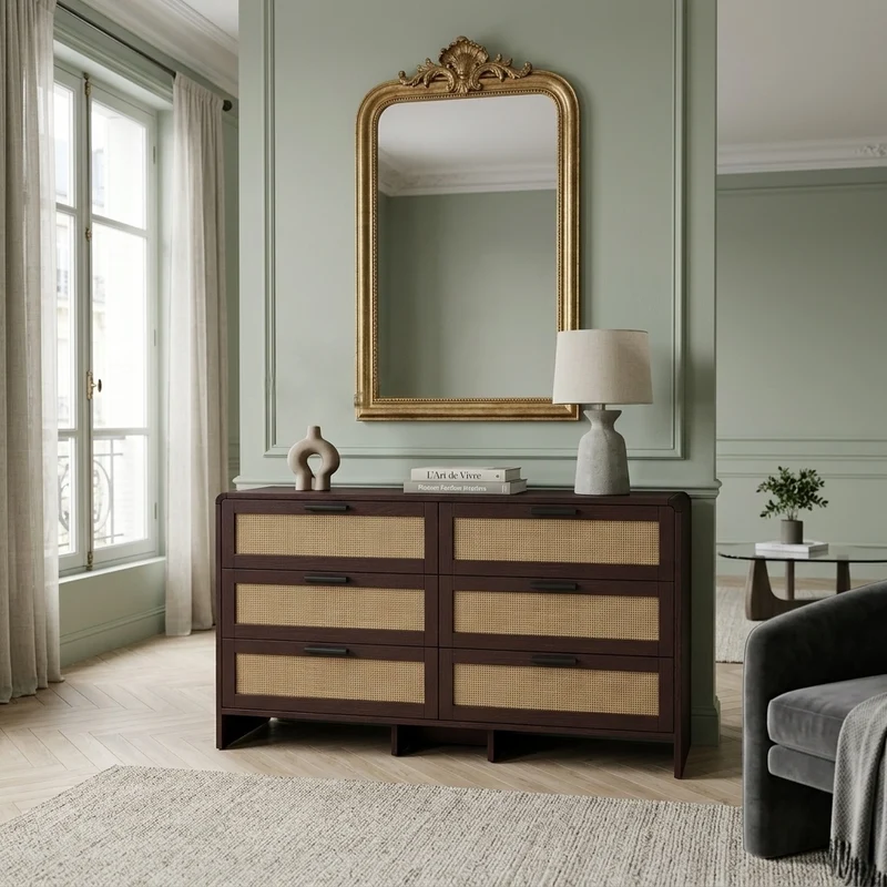 Buffet effet bois marron 6 tiroirs en rotin 130x40x74cm MOMENTUMCLARITYY