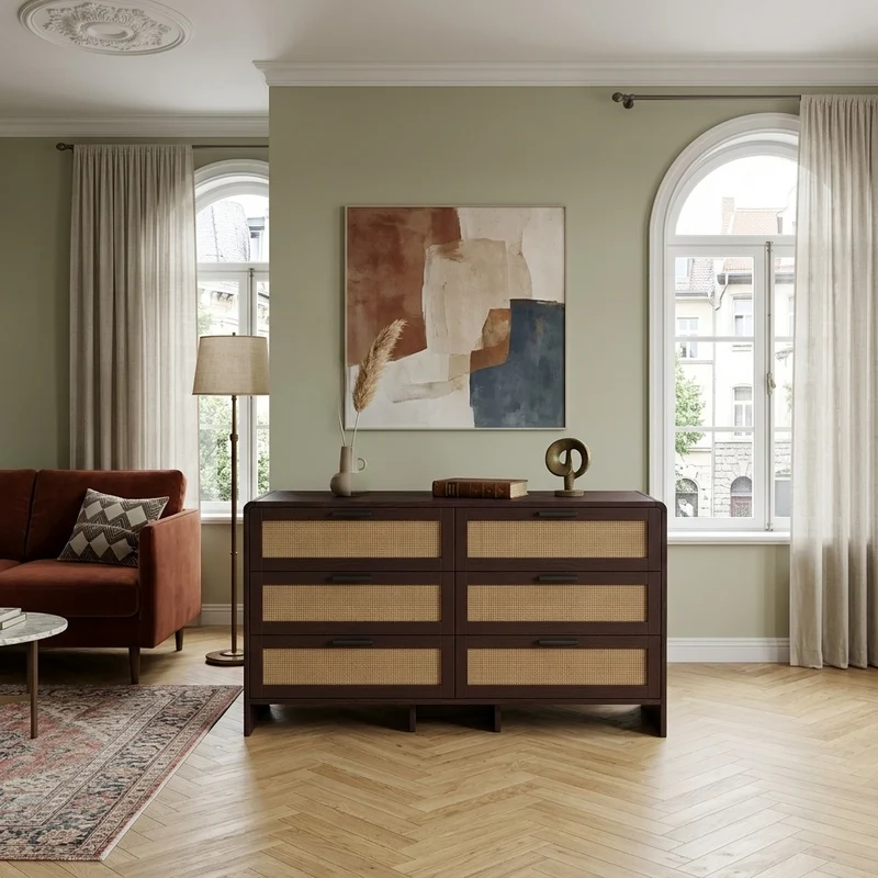 Buffet effet bois marron 6 tiroirs en rotin 130x40x74cm MOMENTUMCLARITYY