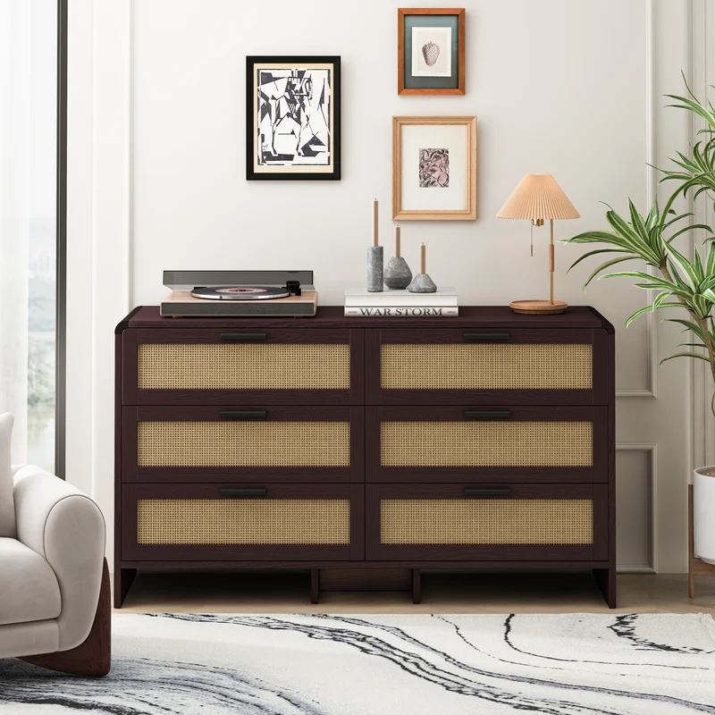 Buffet effet bois marron 6 tiroirs en rotin 130x40x74cm MOMENTUMCLARITYY