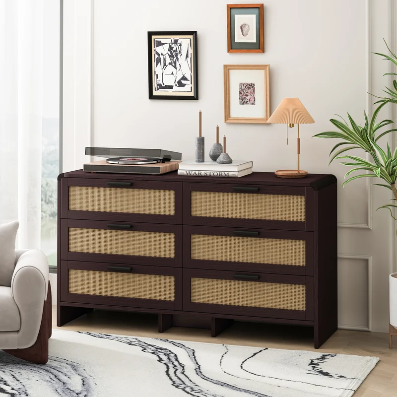 Buffet effet bois marron 6 tiroirs en rotin 130x40x74cm MOMENTUMCLARITYY
