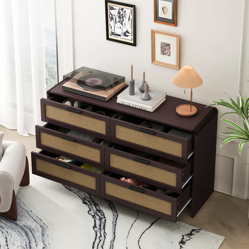Buffet effet bois marron 6 tiroirs en rotin 130x40x74cm MOMENTUMCLARITYY