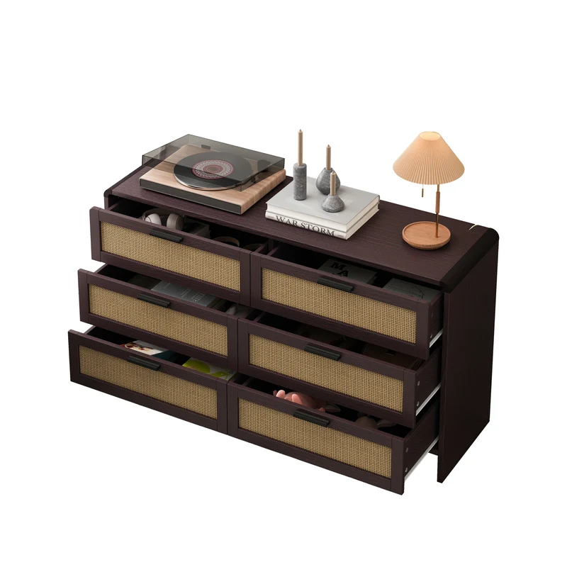 Buffet effet bois marron 6 tiroirs en rotin 130x40x74cm MOMENTUMCLARITYY