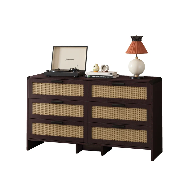 Buffet effet bois marron 6 tiroirs en rotin 130x40x74cm MOMENTUMCLARITYY
