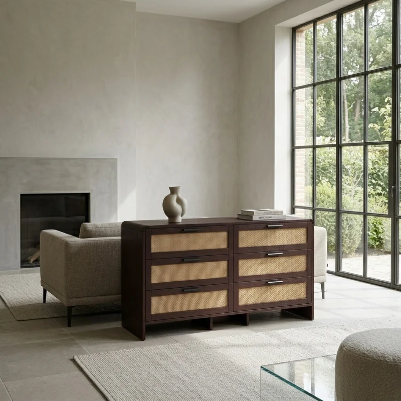 Buffet effet bois marron 6 tiroirs en rotin 130x40x74cm MOMENTUMCLARITYY