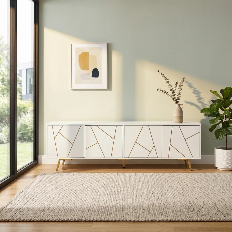 Meuble TV blanc 4 portes, design contemporain et lignes dorés asymétriques CASCADENEXUSA