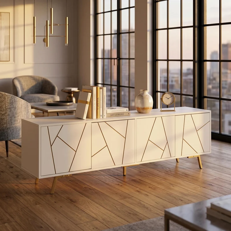 Meuble TV blanc 4 portes, design contemporain et lignes dorés asymétriques CASCADENEXUSA
