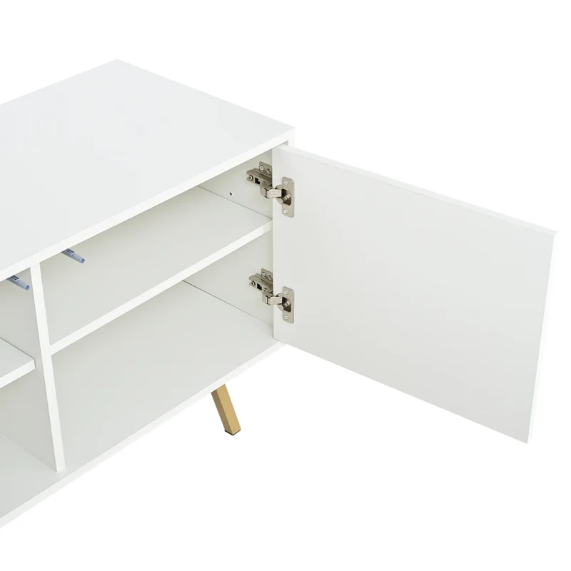 Meuble TV blanc 4 portes, design contemporain et lignes dorés asymétriques CASCADENEXUSA