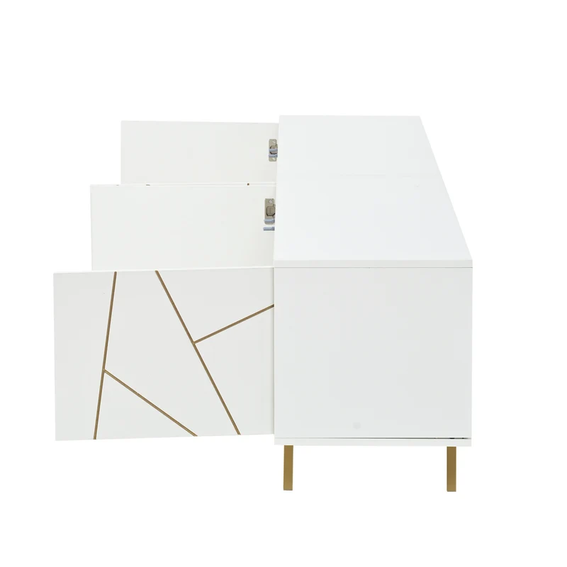 Meuble TV blanc 4 portes, design contemporain et lignes dorés asymétriques CASCADENEXUSA