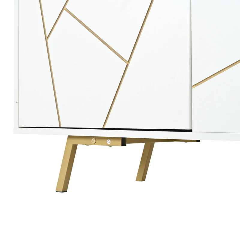 Meuble TV blanc 4 portes, design contemporain et lignes dorés asymétriques CASCADENEXUSA