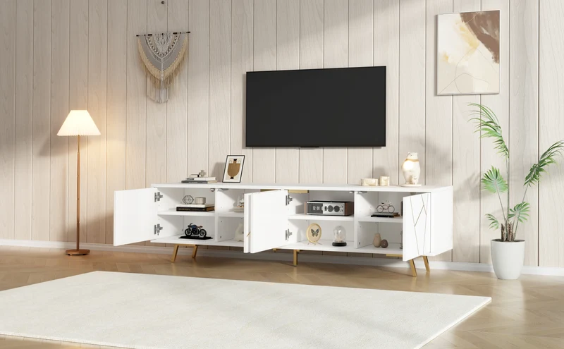 Meuble TV blanc 4 portes, design contemporain et lignes dorés asymétriques CASCADENEXUSA