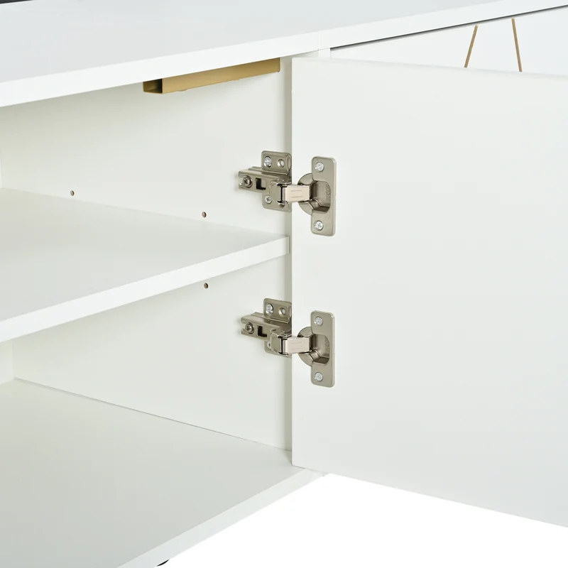 Meuble TV blanc 4 portes, design contemporain et lignes dorés asymétriques CASCADENEXUSA